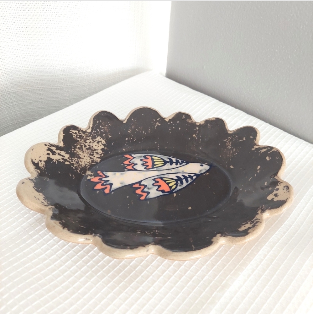 Slab Pottery Dish Signed Bird Plate Southwestern Scalloped Edge handmade